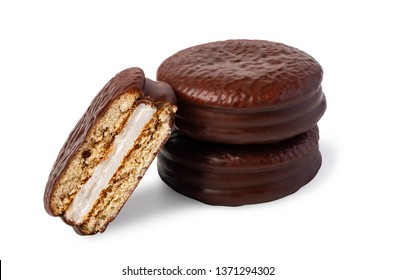 Choco Pie Chocolate Biscuits Isolated On White.