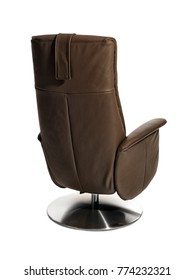 Chocolat Brown Leather Turnable Recliner Chair For Seniors On White Background. Back/side View.