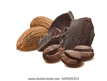 Chocolate almond coffee mocha beans isolated on white background as package design element