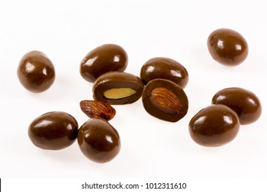 Chocolate Almonds Isolated On White Background