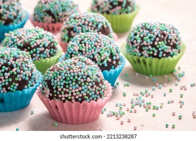 chocolate ball covered with colorful sugar sprinkles, brazilian candy