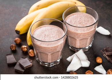 Chocolate Banana Coconut Hazelnut Milkshake Or Smoothie. Healthy Organic Drink.