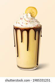 Chocolate banana milkshake with whipped cream on background mockup