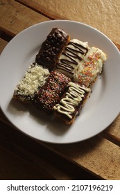 Chocolate Banana Nugget With Cheese, Tiramisu, And Melted Chocolate Toppings. Flat Lay Sweet Dessert. Traditional Food Photography