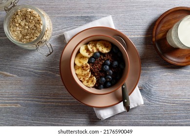 Chocolate Banana Oatmeal, With Ground Flaxseed And Blueberries