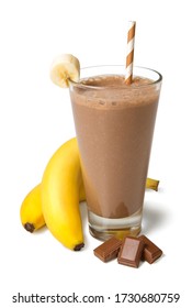 Chocolate Banana Smoothie In A Glass With Ingredients Isolated On White Background