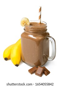 Chocolate Banana Smoothie In A Glass Jar With Ingredients Isolated On White Background