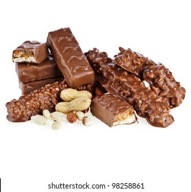 chocolate bar with caramel and nut on white