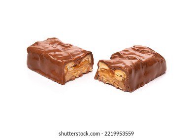 Chocolate Bar Caramel Snack With Nuts Isolated On A White Background.