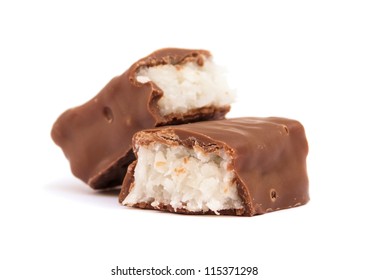 Chocolate Bar With Coconut Filling On White Background