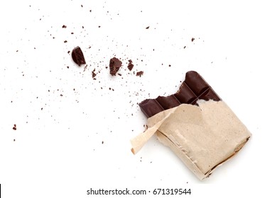 Chocolate Bar With Crumbs Isolated On White Background