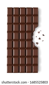 Chocolate bar with a missing bite on white background