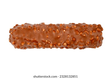 Chocolate bar with nuts isolated on a white background. Chocolate bar top view.