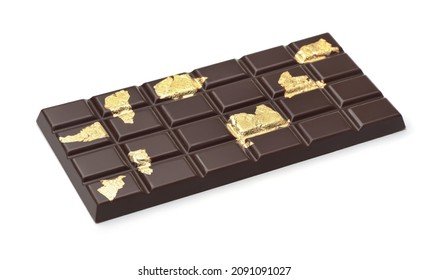 Chocolate Bar With Pieces Of Edible Gold Leaf Isolated On White