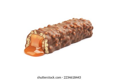  chocolate bars with leaking caramel on a white background
