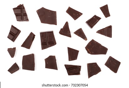 Chocolate Bars, Pieces Isolated On White Background, Top View