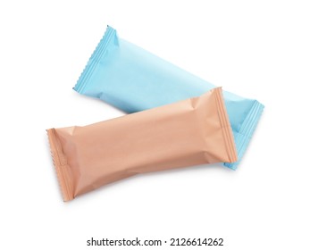 Chocolate bars wrappers blue and brown isolated on a white background. Mock-up.