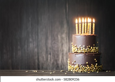 Chocolate Birthday Cake With Gold Candles