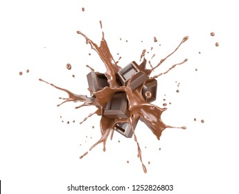 Chocolate blocks splashing into a liquid chocolate burst. On white background.