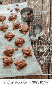 Chocolate Bonbons. Top View. Almond Turtles