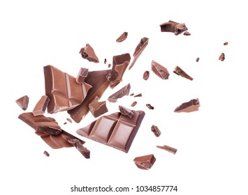 Chocolate Broken Into Pieces In The Air, Isolated On A White Background