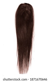 A Chocolate Brown Long Straight Wig Or Hair Topper Set Against A White Background.