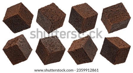 Chocolate brownie cubes isolated on white background, full depth of field