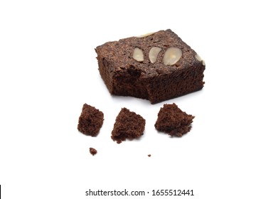 Chocolate Brownie With Sliced Almond Nuts Toppings Crumbs Isolated On White Background.