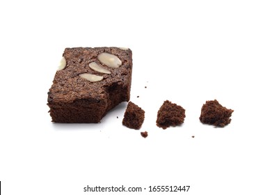 Chocolate Brownie With Sliced Almond Nuts Toppings Crumbs Isolated On White Background.