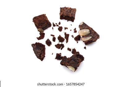 Chocolate Brownie With Sliced Almond Nuts Toppings Crumbs Isolated On White Background.