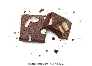 Chocolate Brownie With Sliced Almond Nuts Toppings Crumbs Isolated On White Background.