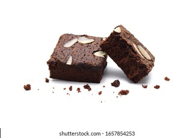 Chocolate Brownie With Sliced Almond Nuts Toppings Crumbs Isolated On White Background.