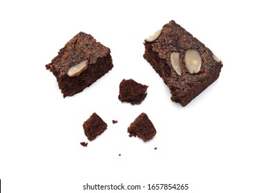 Chocolate Brownie With Sliced Almond Nuts Toppings Crumbs Isolated On White Background.