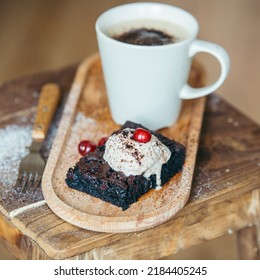Chocolate Brownies With Fresh Cherries, A Cold Drink, A Cup Of Coffee, A Summer Cherry Dessert, Selective Focus.