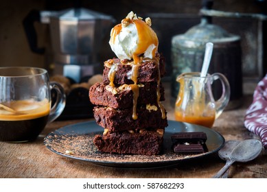 Chocolate Brownies With Salted Caramel, Vanilla Ice Cream And Walnuts