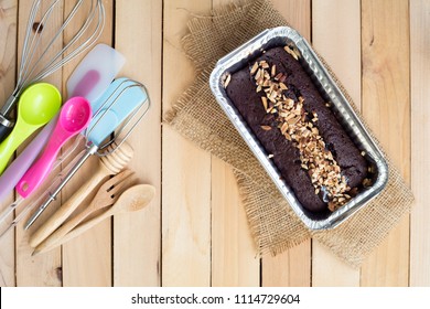 Chocolate Cake In Aluminum Foil Box Packaging And Bakery Equipment,Top View.