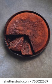 Chocolate Cake. Best Chocolate Cake Or Brownie In The Cast Iron Pan. Overhead View. Selective Focus