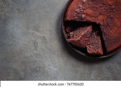 Chocolate Cake. Best Chocolate Cake Or Brownie In The Cast Iron Skillet. Overhead View. Selective Focus