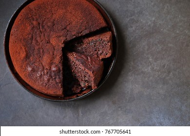 Chocolate Cake. Best Chocolate Cake Or Brownie In The Cast Iron Pan. Overhead View. Selective Focus.