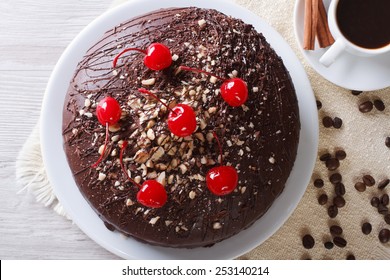 Chocolate Cake And Coffee On The Table. Horizontal View From Above Closeup 