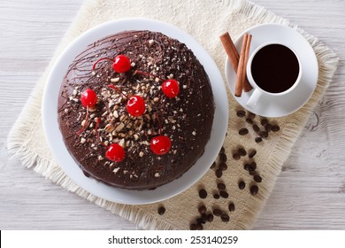 Chocolate Cake And Coffee On The Table. Horizontal View From Above 