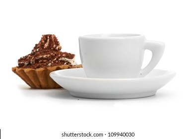 Chocolate Cake With A Cup Of Coffee Isolated On White