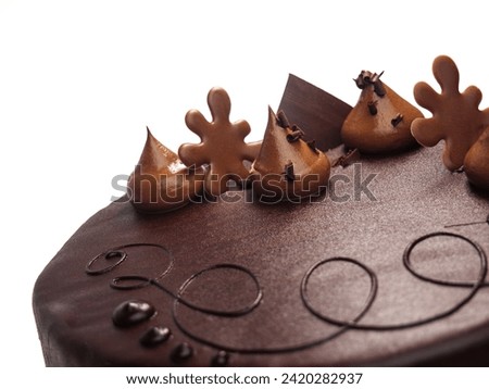 Chocolate cake with decoration on top, slanted angle studio shot isolated on white background