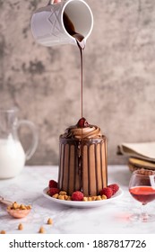 Chocolate Cake Dessert With Chocolate Syrup Pour Kitchen Setting 