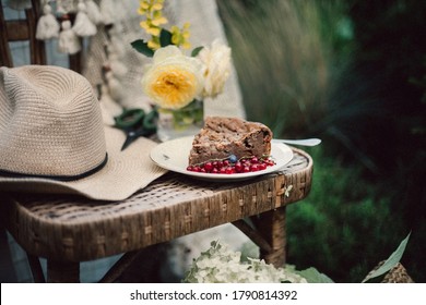 Chocolate Cake And Flowers In The Garden, Cottagecore Style