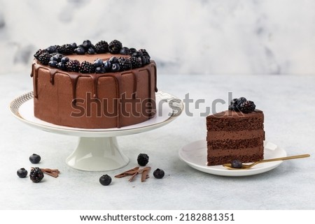 Chocolate cake with fresh berries and sour cream on a white background. 