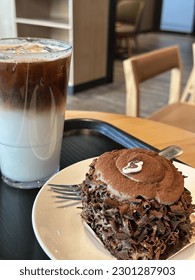 Chocolate cake and iced cafelatte