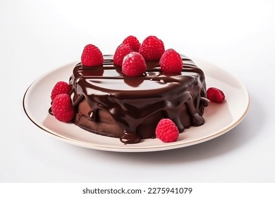 a chocolate cake with raspberries on a plate