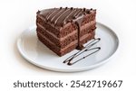 Chocolate Cake: A rich, moist slice topped with glossy chocolate ganache, slightly dripping for a gourmet touch. Presented on a white plate, emphasizing its appeal.