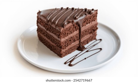 Chocolate Cake: A rich, moist slice topped with glossy chocolate ganache, slightly dripping for a gourmet touch. Presented on a white plate, emphasizing its appeal.